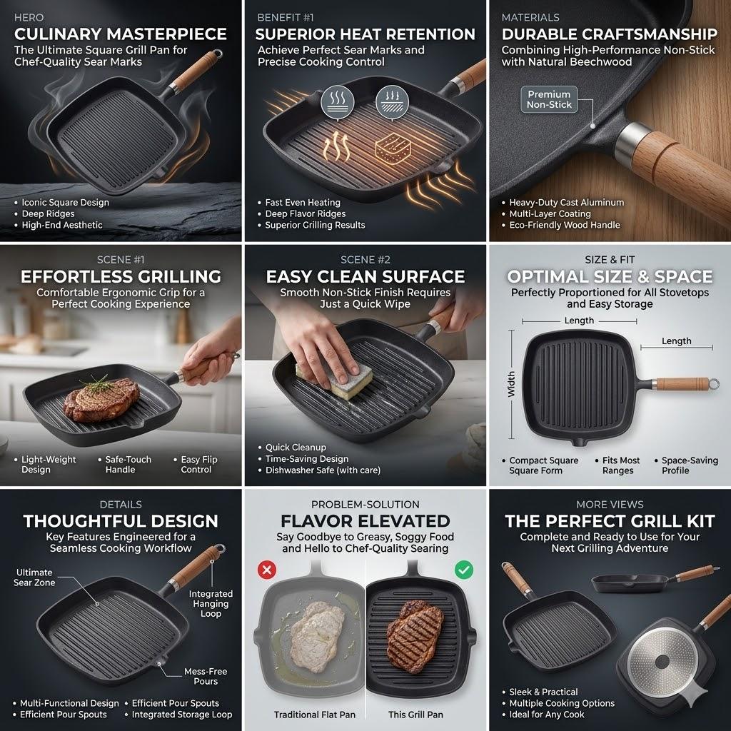 14.8" Digital Pre-Seasoned Cast Iron Square Grill Pan with Wooden Handle, Non-Stick Griddle & Pour Spout. Ideal for steak, bacon, BBQ, indoor & outdoor use. Compatible with all stovetops. Lightweight 3.1lbs design, also works with air fryer.