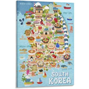 FGJERIO Illustrated Map of South Korea Canvas Poster Canvas Poster Wall Art Decor Print Picture Paintings for Living Room Bedroom Decoration 20x30inch(50x75cm)