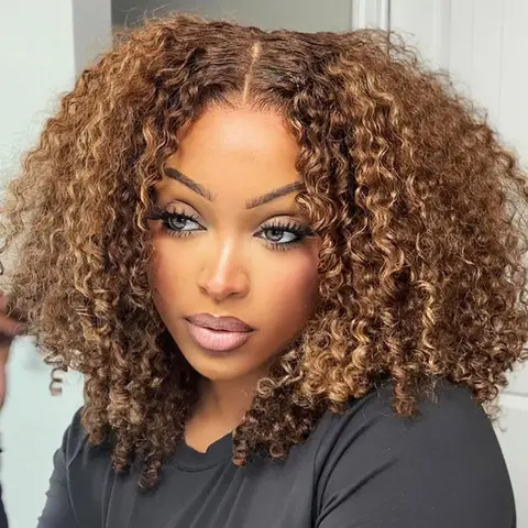 PUNMASA Female 13x6 HD Lace Front Curly Human Hair Wig - Human Hair Frontal, 4/27 Honey Blonde Highlight Wig, Pre-Plucked Deep Curly Short Bob, Adjustable Straps for Wedding, Party