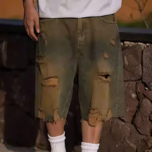 Men's Vintage Grunge Style Baggy Denim Shorts, Y2K Distressed Ripped Wide Leg Jorts, Casual Loose Fit Streetwear Hip Hop Skate Knee-Length Denim Shorts with Raw Hem