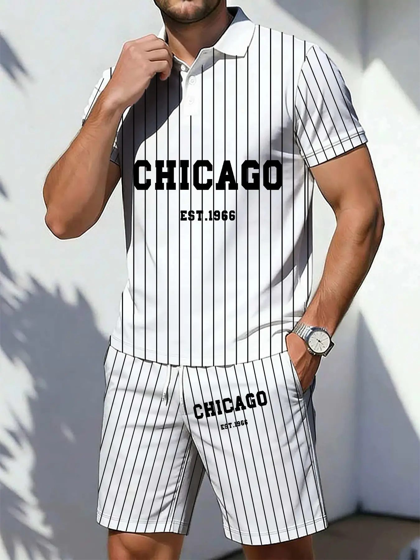 Chicago Vertical Stripe Men's Polo Shirt & Shorts Set, Casual Loose-Fit Short Sleeve Top, Pocket Design, Drawstring Waist, Perfect Gift