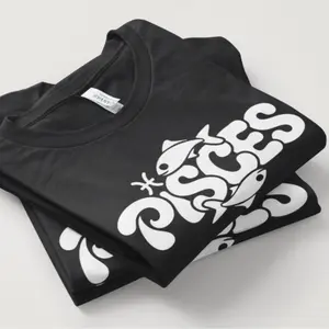 Graffiti Zodiac T-Shirt Pisces Bold Street-Style Astrology Tee Soft Black Cotton Unisex Crewneck Short Sleeve Top Menswear Big Sun White Streetwear Shortsleeve