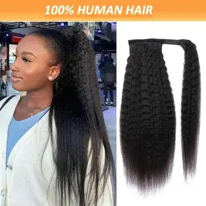 Wrap Around Kinky Straight Ponytail Extensions Remy Human Hair, Yaki Clip In Pony Tail Hairpiece, 12inch-24inch Hair Extensions for Women	
