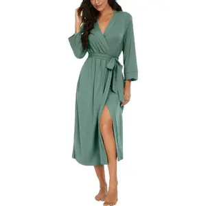Women Kimono Robes Long Knit Bathrobe Lightweight Soft Knit Sleepwear V-neck Casual Ladies Loungewear