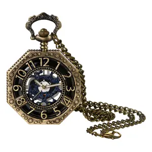 Men's Octagonal Pocket Watch - Quartz Analog Hollow Case Design Vintage Mechanical Style Necklace Timepiece Fob Watch with 30.7" Chain