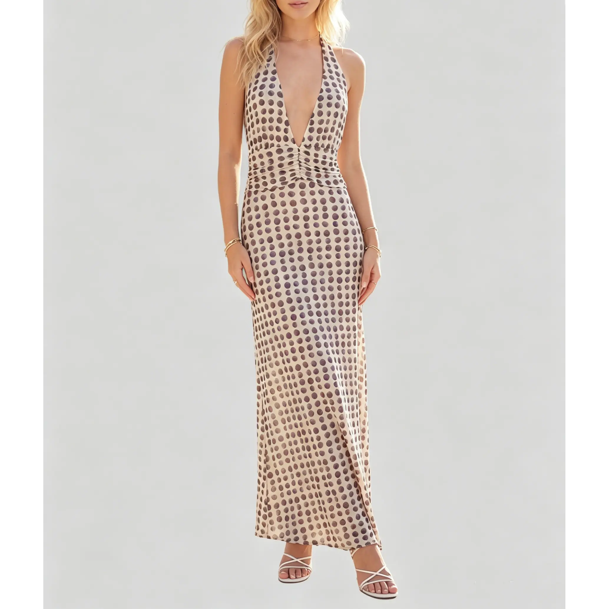 Women Long Dress, Sleeveless Halter Dress Backless Flower/Dots Print Summer Cocktail Dress