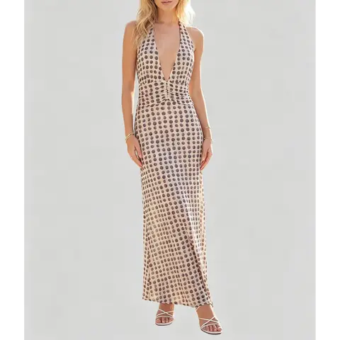Women Long Dress, Sleeveless Halter Dress Backless Flower/Dots Print Summer Cocktail Dress