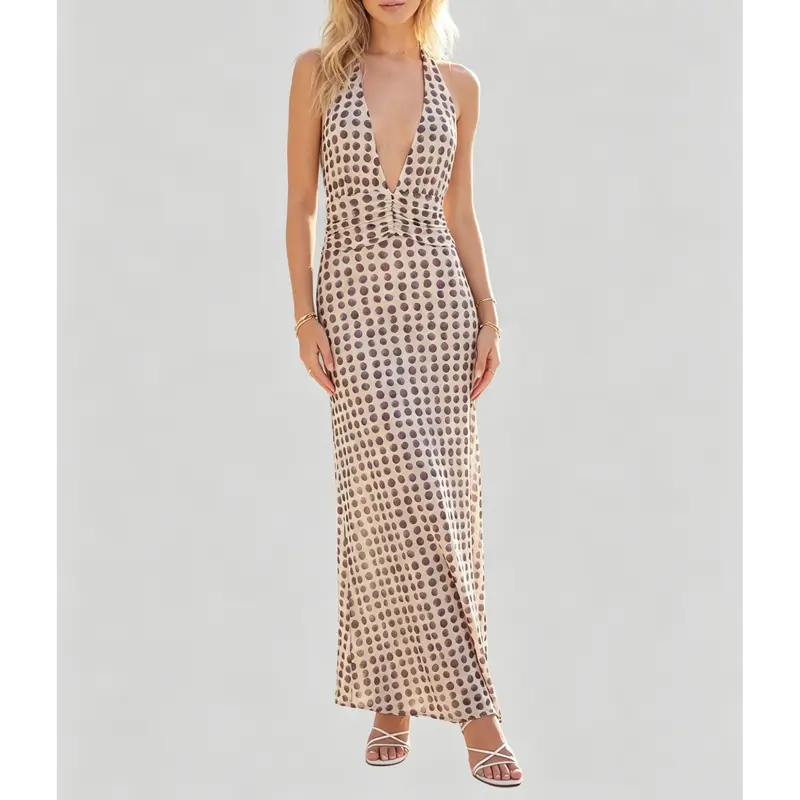 Women Long Dress, Sleeveless Halter Dress Backless Flower/Dots Print Summer Cocktail Dress