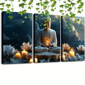 Framed 12in * 16in 3pcs Buddha with Lotus Flowers Canvas Wall Art Zen Spiritual Meditation Yoga Spa Picture Poster for Home Office Wall Decor