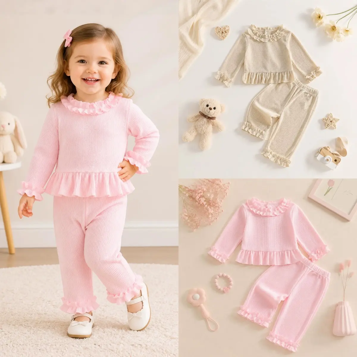 Baby Girl Ruffle Collar Top & Pants Set Flutter Sleeve Ribbed Soft Fall Outfit for Toddler