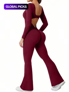 Women's Solid Backless Flare Leg, Sporty Comfy Long Sleeve Jumpsuit for Yoga Gym Workout, Ladies Sportswear for All Seasons Sportswear Jumpsuits Workout Apparel Workout Gym Clothing