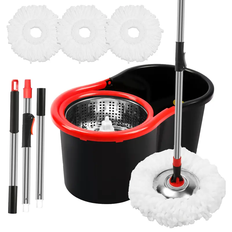 Sturdy Spin Mop and Bucket Set, Polyester 360° Spinning System, Extendable Stainless Steel Adjustable Handle, 3 Removable & Washable Microfiber Spin Mop Replacements, Quick Wring Dry Wringer, Cleaner Boost Refill Bottle for Home Floor Cleaning