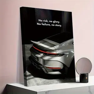 Silver Gray Sports Car Canvas Wall Art Print - Waterproof, Artistic Wood-Framed Modern Automotive Poster with Striking Red Taillights, Sleek Rear Design - Luxury Home Decoration for Bedroom, Office