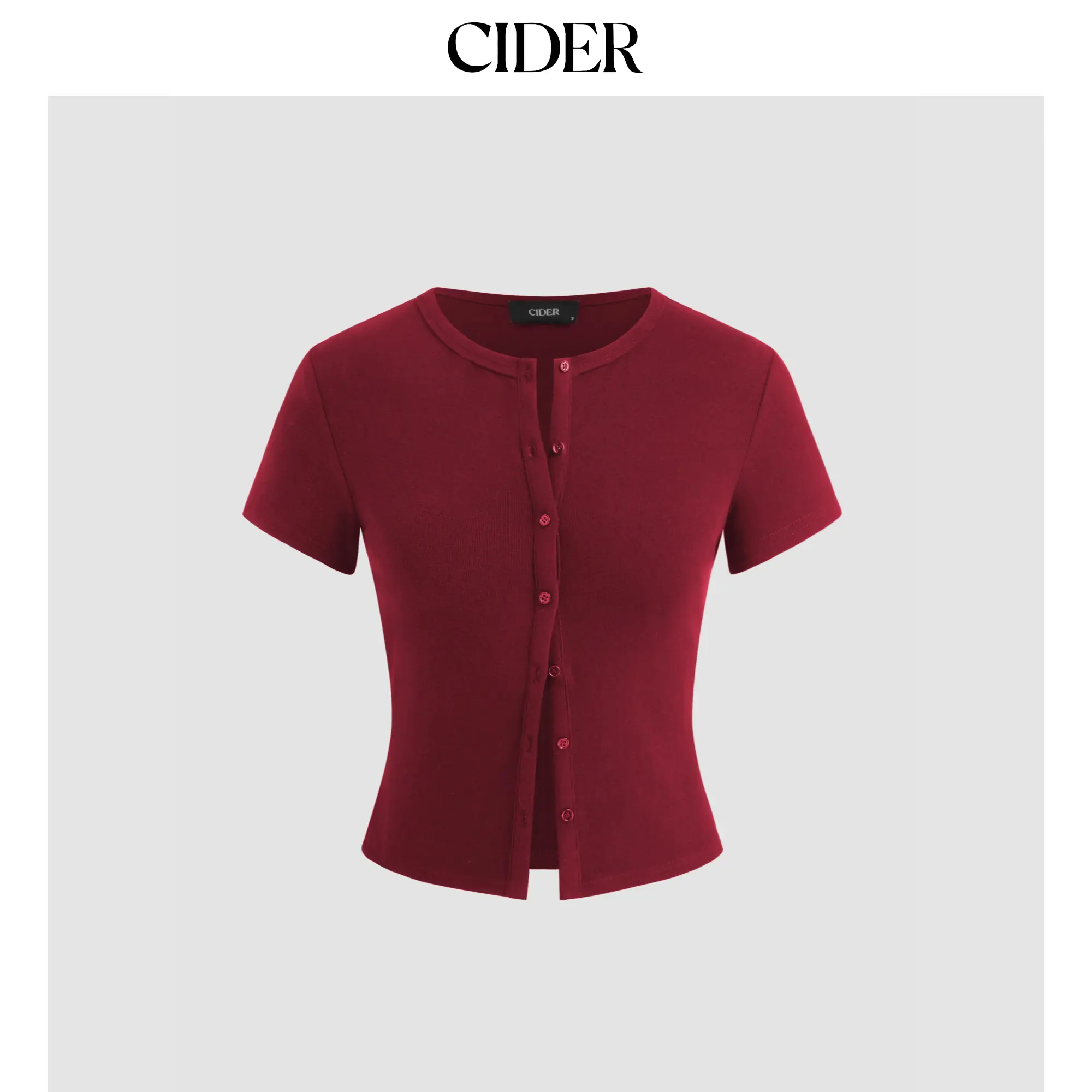 Cider Round Neckline Solid Button Short Sleeve Top