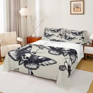Moth Sheet Sets,Gothic Skull Vintage Flat Sheet,Grey Black Sugar Skull Print Bed Sheet Set,Nature Branch Flower Decor Sheets Deep Pocket