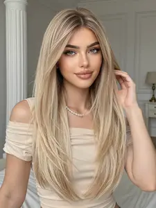 Honey Blonde Straight Wig ✨ Dark Root Accents  | Heat Resistant Fiber Synthetic Material Wigs