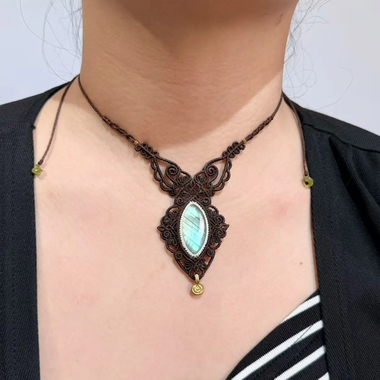 Handmade Labradorite Macrame Weave Necklace - Unisex Boho Ethnic Natural Crystal Pendant Jewelry, Made-to-Order Minimalist Gift Accessory
