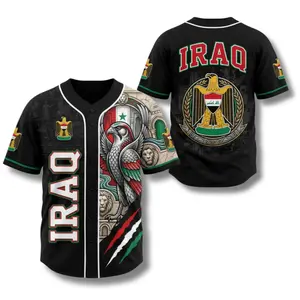 Iraq Flag Graphic Baseball Jersey  | Black Iraqi Pride Streetwear Shirt with Eagle Art | Trendy Middle Eastern Culture Top