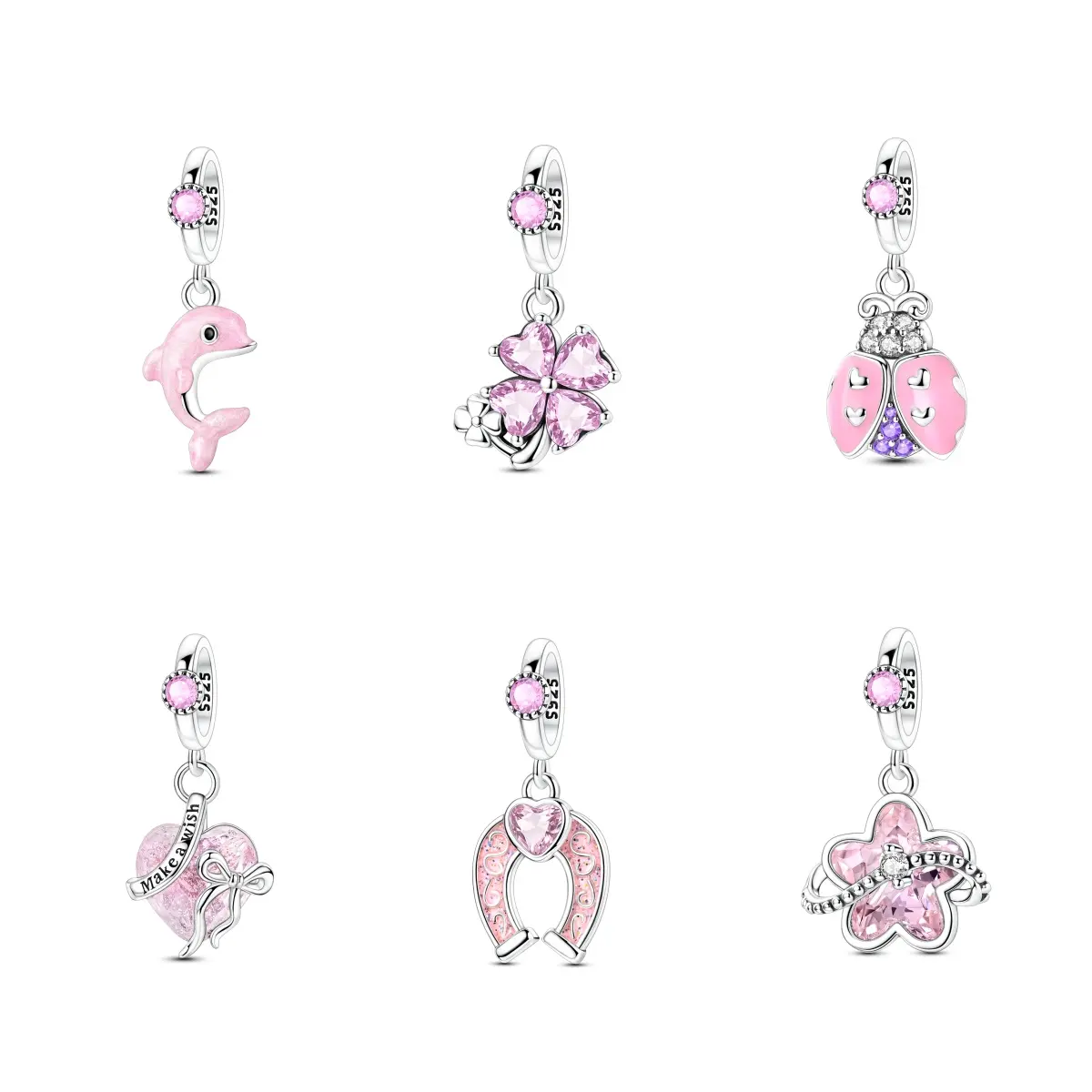 MULA 925 Sterling Silver Plated Pink Dreamy Pendant Set with Crystals, Cubic Zirconia & 6 Charms - Dolphin Form, Compatible with Pandora Bracelets, Everyday Wear Gift for Women (Birthdays, Valentine's Day), Six Charms