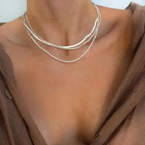 3PCS Gold Necklace for Women-14K Plated Sterling Silver Snake Chain Necklace Dainty Simple Chunky Herringbone Necklace Choker Necklaces Jewelry for Women