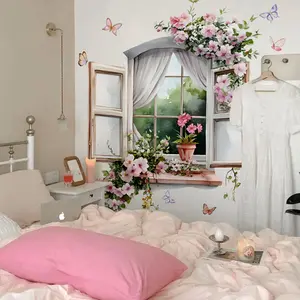 A set of two hand-painted window flower spring atmosphere wall stickers for bedroom and living room background walls, home decoration stickers, Decorative Wall Sticker, self-adhesive MS3316-YL