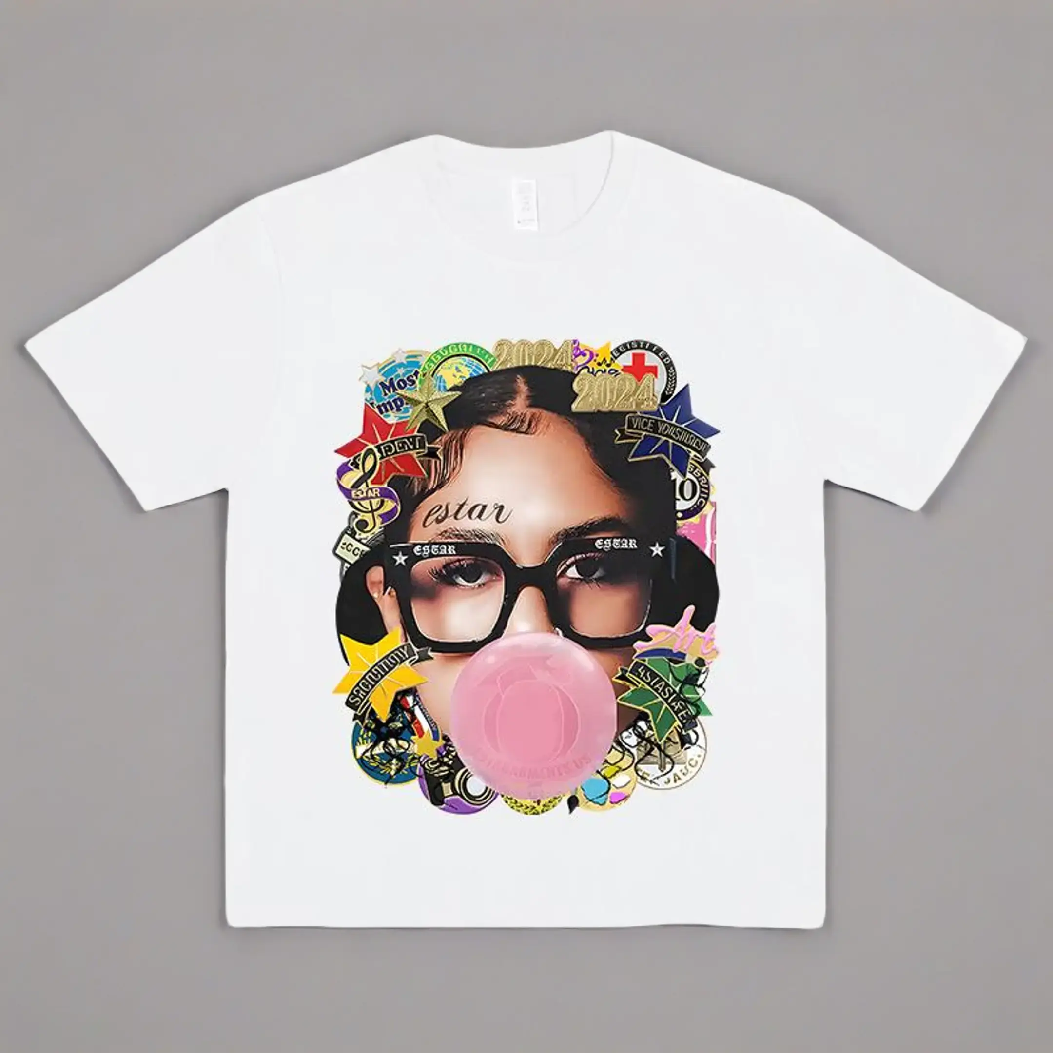 Y2K Streetwear Women's Graphic T-Shirt Colorful Bubble Blowing Print with Glasses & Geometric Patterns 100% Cotton Round Neck Casual Top Machine Washable Urban Fashion Tee Trendy Streetwear Playful Design Vibrant Print Quality Casual Attire Womenswear