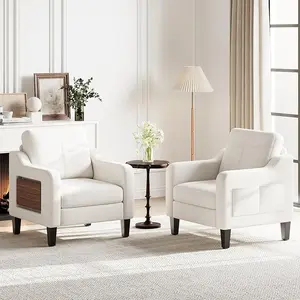 Accent Chair for Living Room Modern Linen Upholstered Armchair Side Wooden Fabric Sofa Chair with Foldable Table 2 Side Pockets Comfy Reading Chair for Bedroom