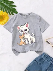 Girls' Cute Cat Family Matching T-Shirt, Short Sleeve Tee, Soft Breathable Fabric, Casual Daily Wear