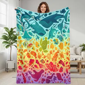 Underwater Ocean World Flannel Blanket  Marine Life Sea Creatures Print with Whales Sharks Dolphins and Colorful Fish  Soft Warm Cozy Lightweight Throw for Sofa Bedroom Office Travel Beach Picnic Gift Decor summerwins