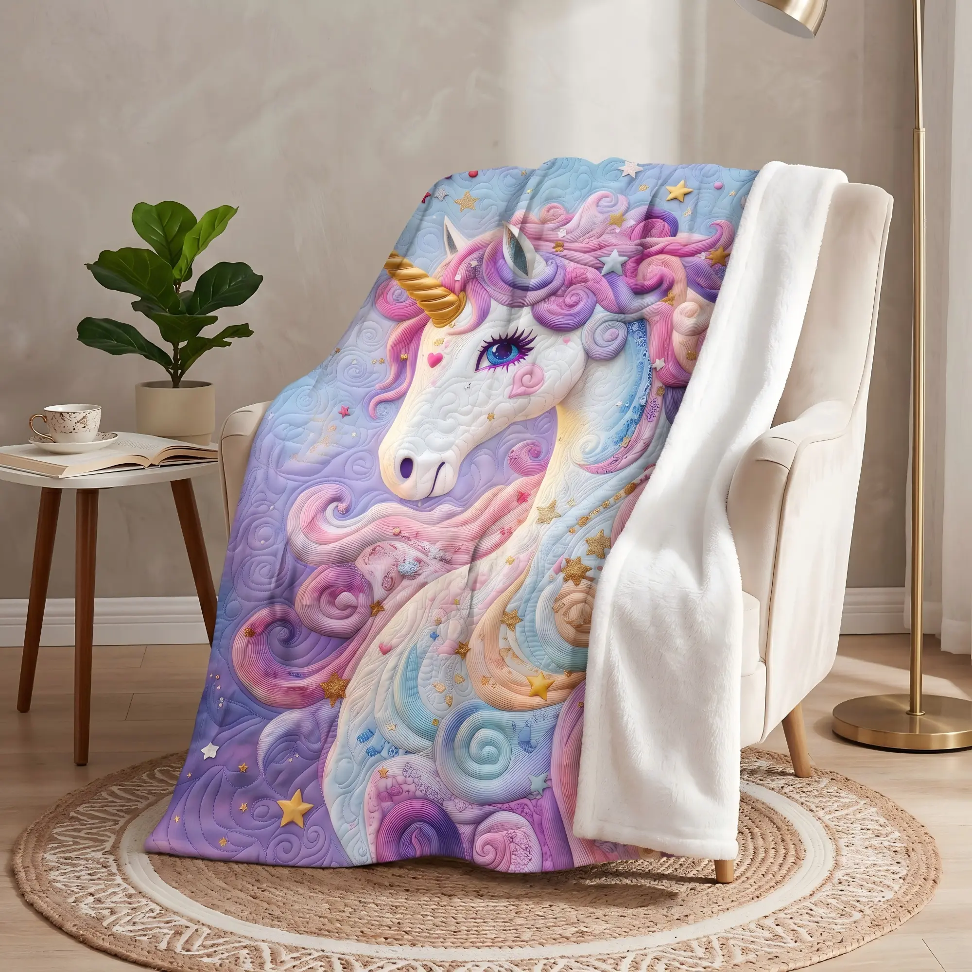 Unicorn Blanket for Girls Faux 3D Quilt Flat Printed Magic Pastel Pink Purple Throw Blanket Cozy Smooth Flannel Cute Starry Kids Blanket for Bed Couch Sofa Magical Room Decor Birthday Gift