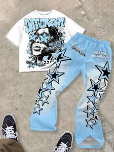 Casual Classic Cool Character Print Round Neck T-Shirt + Star Print Wide Leg Pants Set, Perfect for Summer Wear, Two-Piece