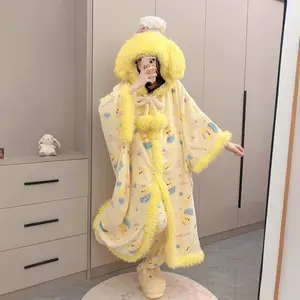 Cute Hooded Coral Fleece Nightgown Winter Thickened Plush Plaid Pajamas Loungewear Fabric Nightwear Long Sleeve Cardigan Homewear