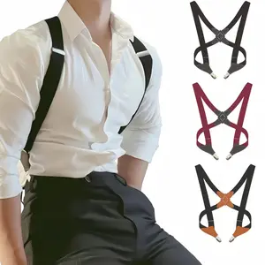 1pc, Wide Suspenders - Men's Premium Faux Leather Elastic Suspenders with Side Clamps - Adjustable for Casual Attire, Casual & Formal Occasions, Vacation, - Fashion Accessory with Striped Padded & Metal Grommets - High Elasticity, Symmetrical Buckle - Per