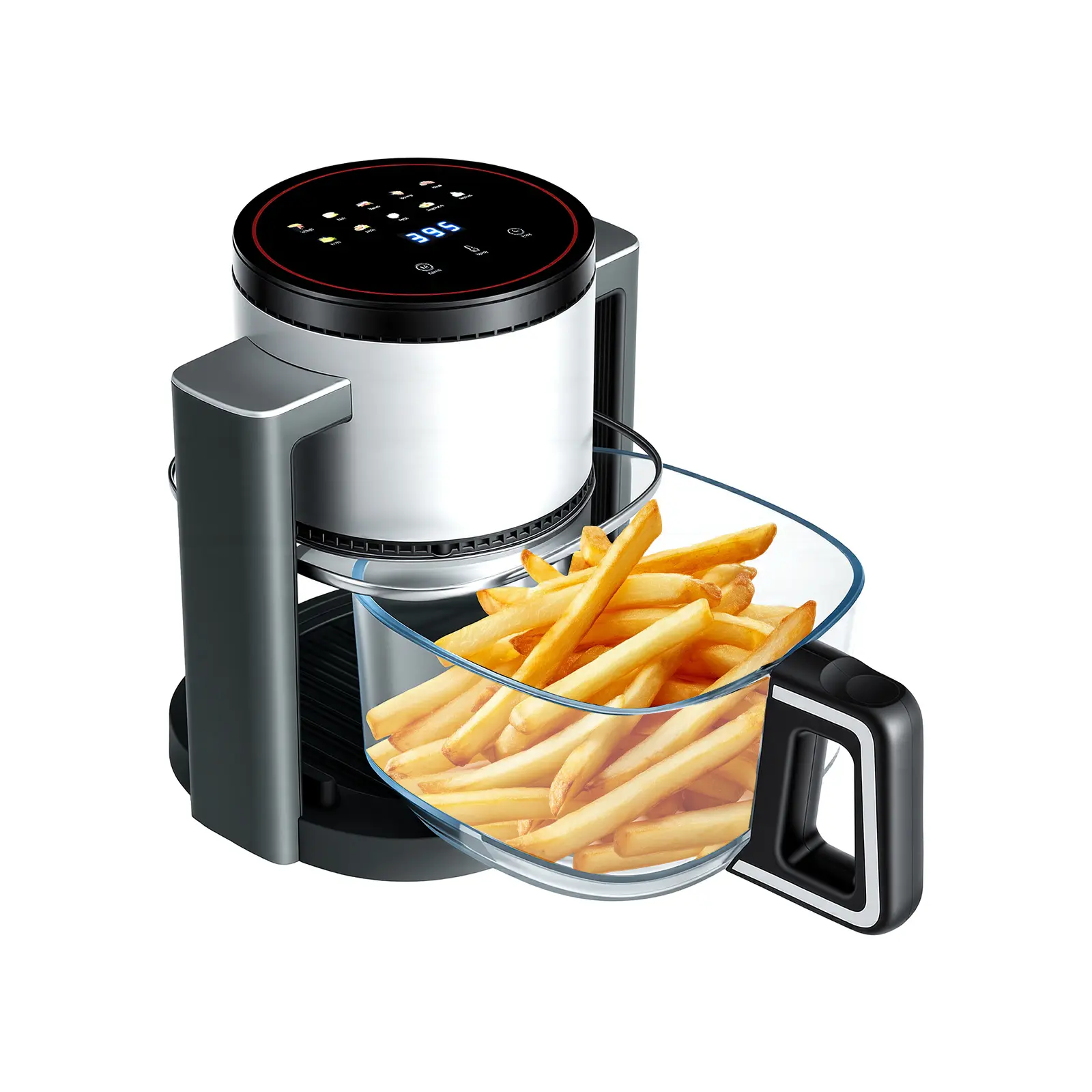 Glass Air Fryer, 4.5L Transparent Cooking Bowl, Reheat Function, Temperature Control, Dishwasher Safe, Black
