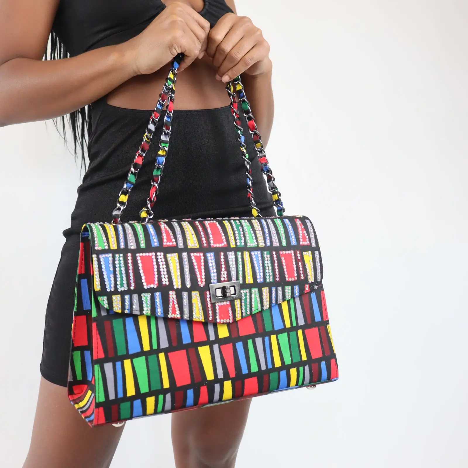 Sole Crush Jeweled Rainbow African Handmade Purse - Shoulder Bag with Adjustable Metal Strap & Turn Lock Closure - Sustainable & Versatile Design