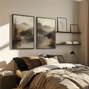 2-Piece Neutral Watercolor Misty Forest Mountain Natural Landscape Art Prints, Canvas Decorative Mural, Serene Atmosphere Home Art, Nature-Inspired Gallery Decor, Soft-Toned Decorative Art, Wall Decor, Decoration, Framed and Unframed Options Available.