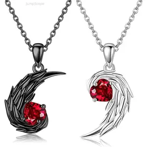 Couple Matching Angel-Devil Wing Necklaces, Red Heart CZ Pendant Interlocking Feather Jewelry Set, Love Gift for Valentine's Day