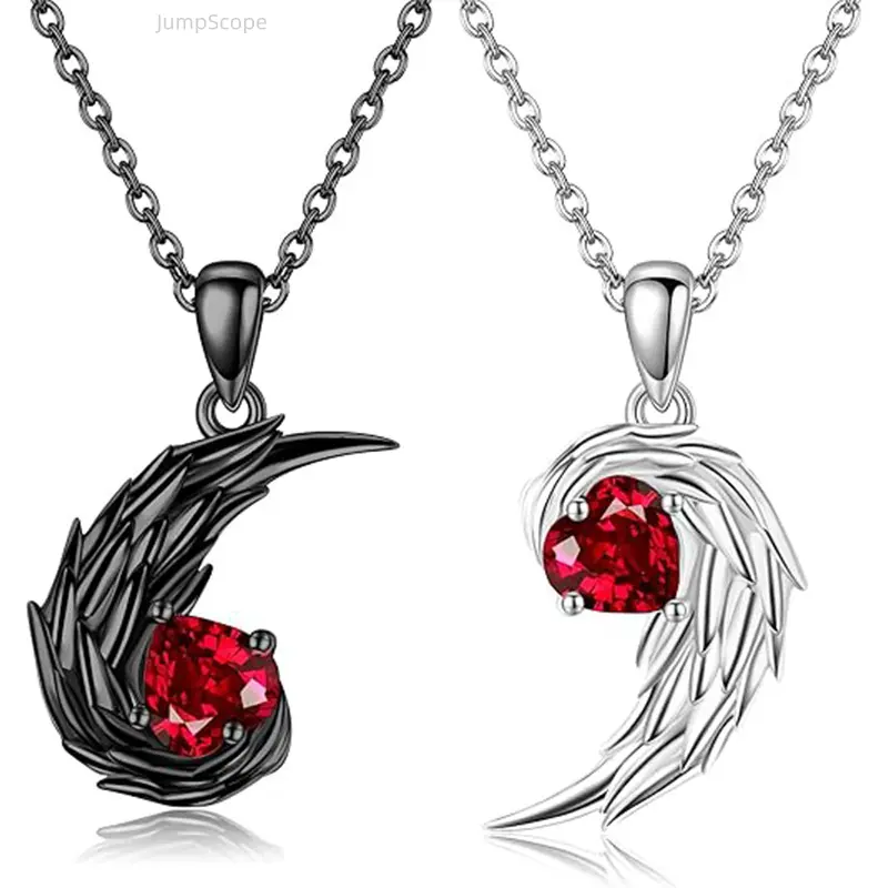 Angel Devil Wing Necklace Set for Couples, Matching Interlocking Feather Pendants with Red CZ Heart, Elegant Romantic Jewelry for Valentine's Day, Love Symbols, Set Of Two