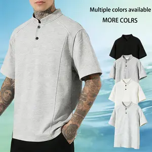 Men's light mature style stand up collar split line polo shirt with Henry collar, summer stand up collar, loose, breathable, skin friendly, casual short sleeved shirt
