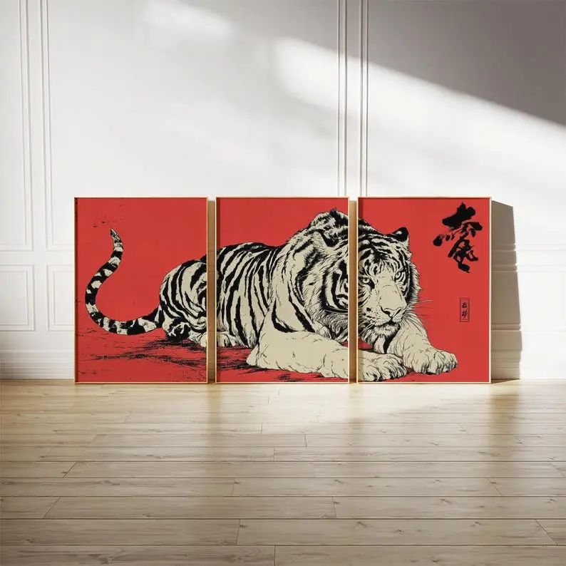 Tiger Triptych Poster Set Of 3, Japanese Style Oriental Animal Print