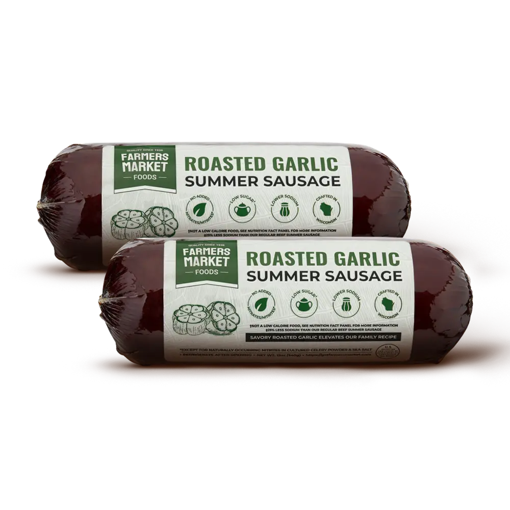Farmers Market Foods Roasted Garlic Summer Sausage 2 Pack – Wisconsin Made Smoked Beef Sausage, No Added Nitrates or Nitrites, Gluten Free, High Protein, Low Carb, Lower Sodium, Shelf Stable Ready to Eat Snack, 12oz