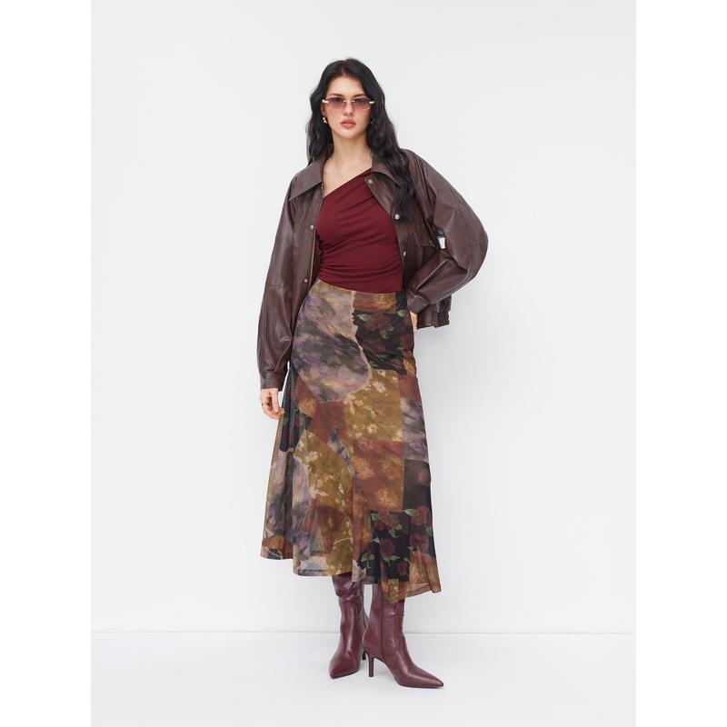 Cider Mesh Mid Rise Abstract Graphic Floral Asymmetrical Hem Maxi Skirt