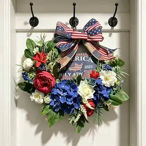 Elegant Patriotic Wreath, Blue Flowers, American Flag Bow, Usa Text Emblem, Independence Day Memorial Decoration