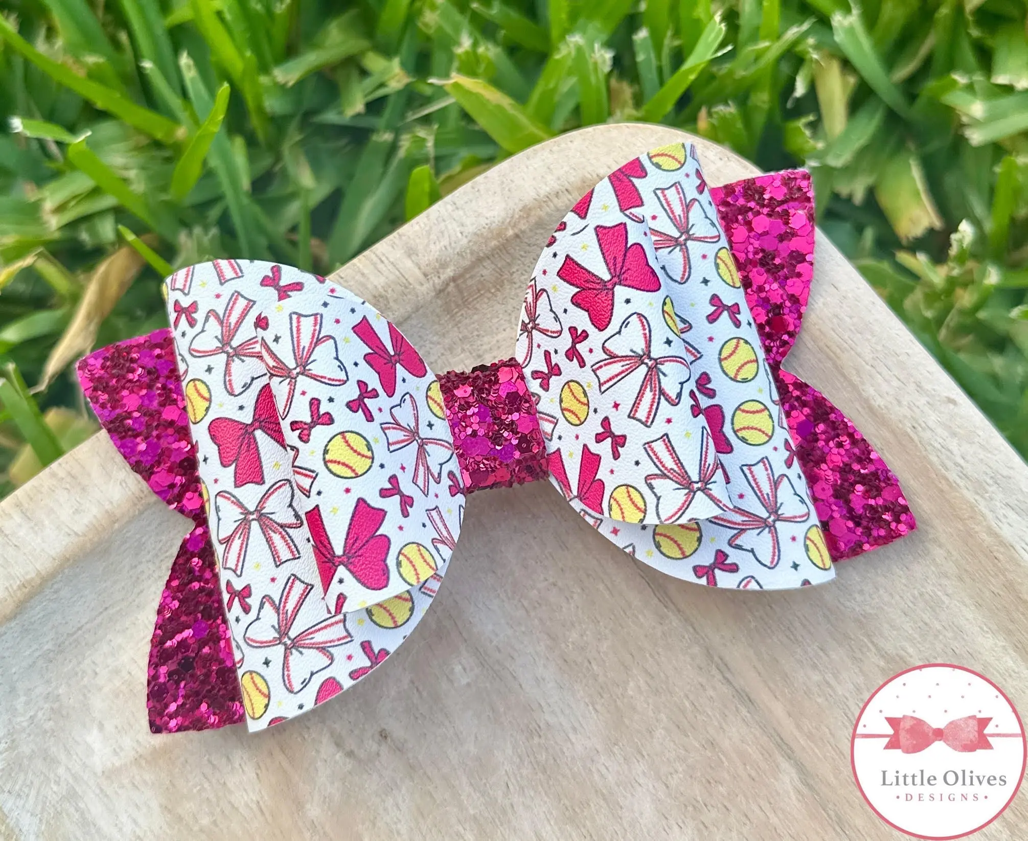 Little Olives Designs Softball & Bows Bow - Pink Glitter Alligator Clip with Teeth - Vegan Leather & Glitter - One Size Fits All Hair Accessory