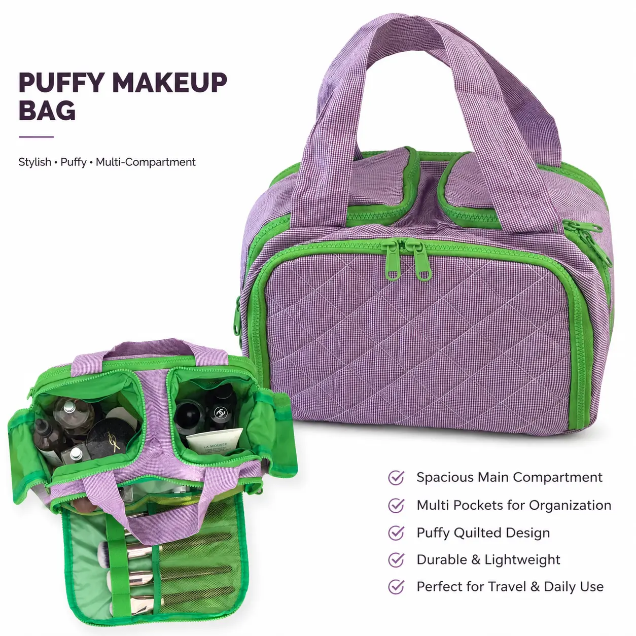 Pouf handbag with purple check pattern, topstitching craftsmanship, classic plaid design, multifunctional storage for various items, ideal for everyday makeup essentials.