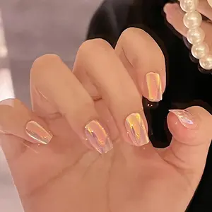 24pcs Short Square Transparent Aurora Nude Nail Tips, Long Almond Mirror Finish, Removable Custom False Nails, Waterproof Long-Lasting, Almond Shape Nails, Nail Art