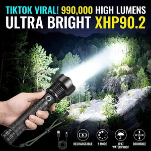 Super Bright 990000 Lumens LED Flashlight Rechargeable XHP90.2 Zoomable 5 Mode & IPX7 Waterproof Tactical Flashlight Lighting Equipment Outdoor