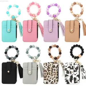 Women's Wallet Keychain Wristlet, Slim RFID Credit Card Holder Purse, Cute Silicone Bangle with Tassel Key Ring for Daily Casual Use