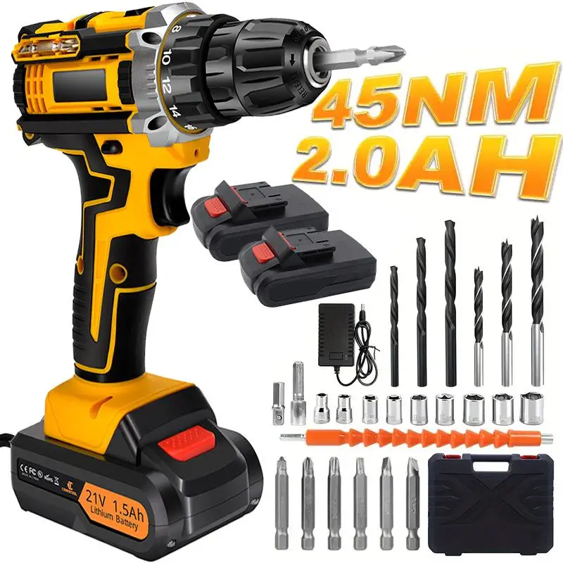 Cordless Drill Tool Set 21V Electric Power Drill with 1.5AhLithium-ion Battery and Charger–USB/Type-C Rechargeable, Portable, All-in-One DIY & Home T