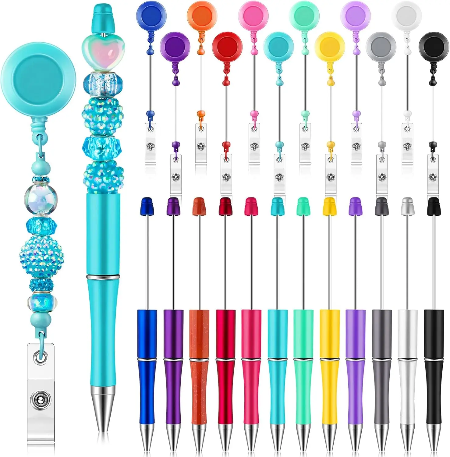 24 sets of DIY beading kits, including 12 beading pens and 12 beading badge rolls (extendable employee identification tags with belt clip fixation device) suitable for nurses, teachers for making gifts, office, school supplies